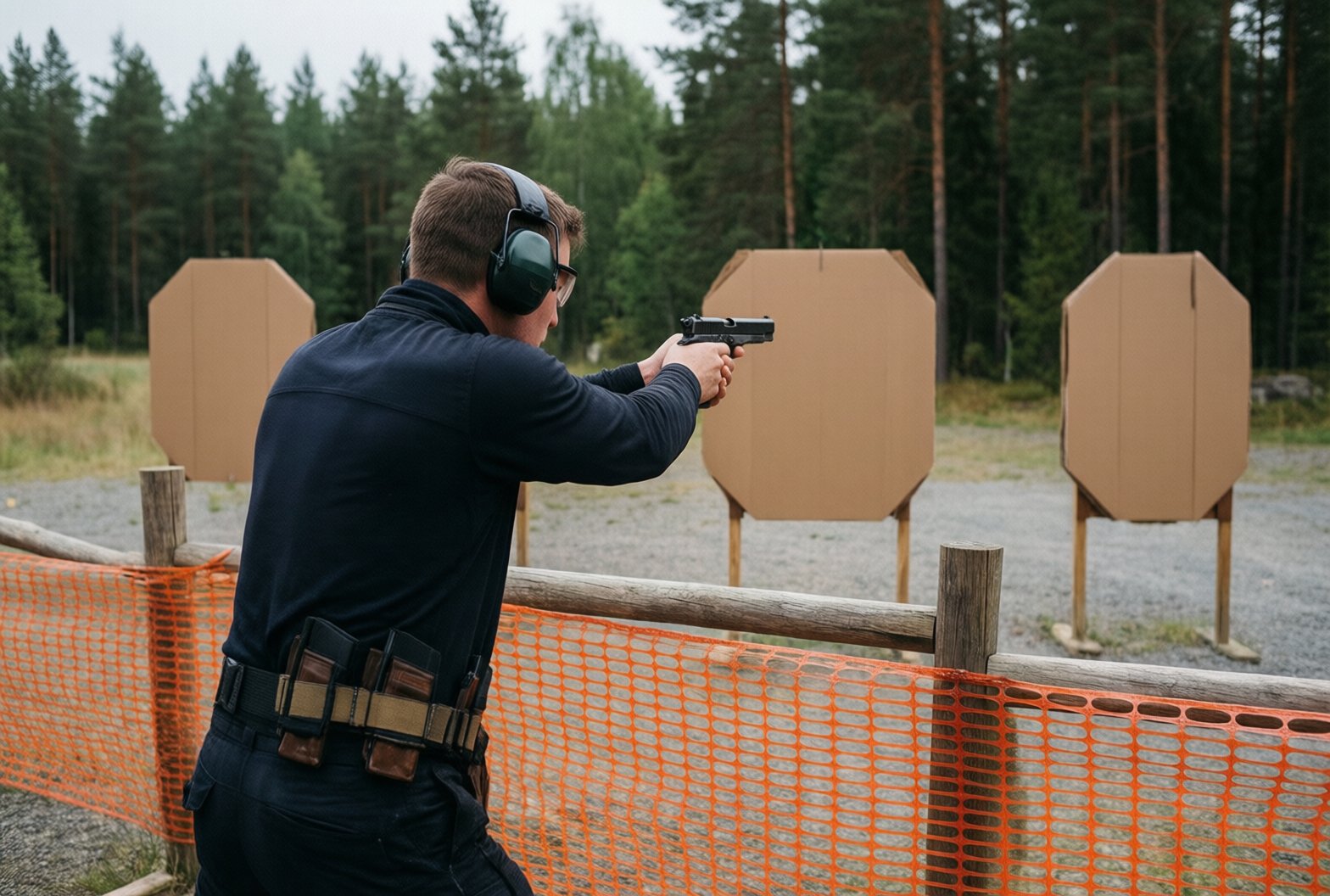 Skytt i tvåhandsfattning mot bruna tavlor på en dynamisk stage