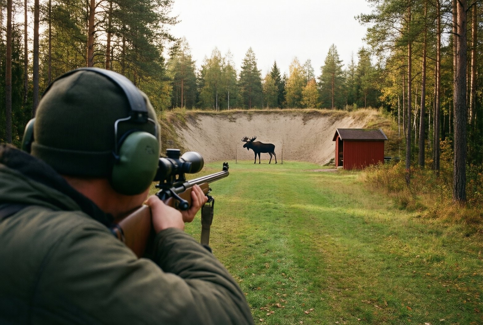 Jägare med kulgevär vid skjutbänken, älgfigur vid sandvallen längst bort